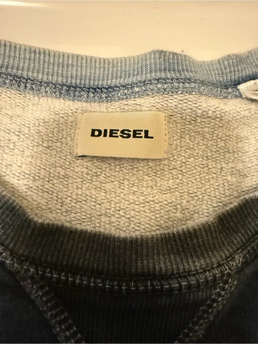 Diesel Men's Washed Indigo Embossed Logo Crewneck. 